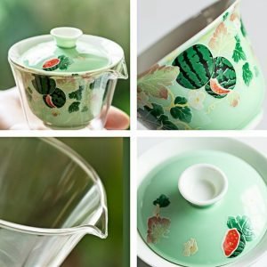 Ceramic Hand Painted Watermelon Theme Portable Travel Tea Container Set Kit For Two