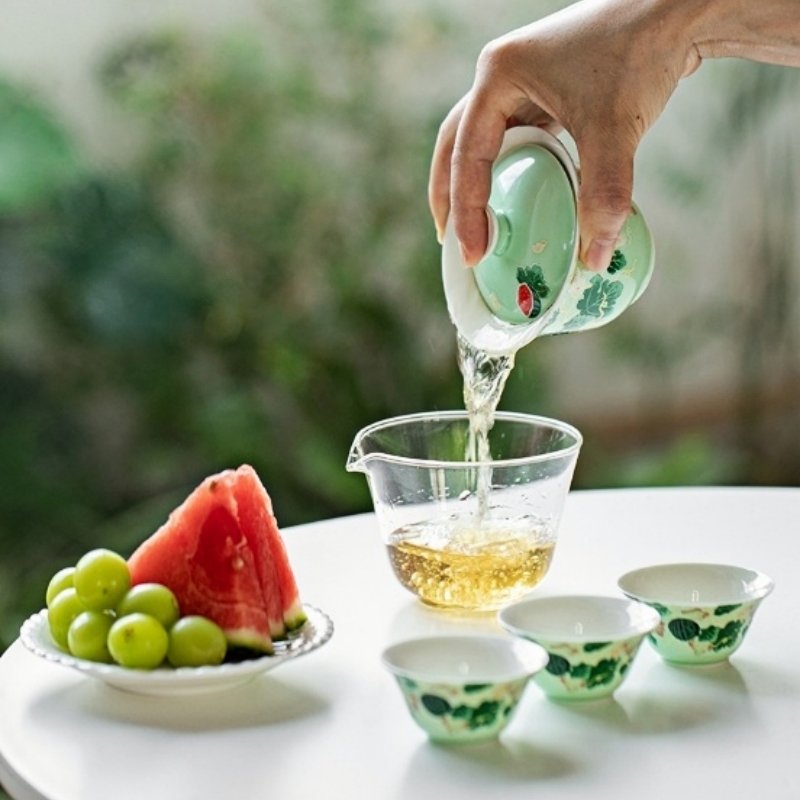 Ceramic Hand Painted Watermelon Theme Portable Travel Tea Container Set Kit For Two Ceramic Hand Painted Watermelon Theme Portable Travel Tea Container Set Kit For Two