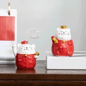 Chinese Red Lucky Fortune Ceramic Cute Fat Cat Tea Pet With Golden Bell