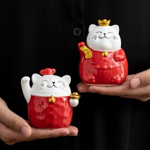 Chinese Red Lucky Fortune Ceramic Cute Fat Cat Tea Pet With Golden Bell
