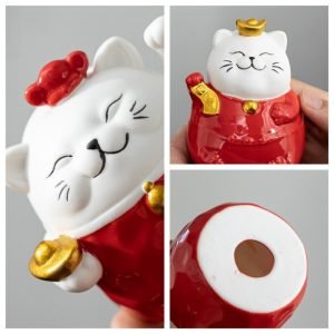 Chinese Red Lucky Fortune Ceramic Cute Fat Cat Tea Pet With Golden Bell