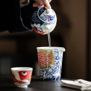 Chinese Traditional Dragon Fish And Lucky Clouds Pattern Porcelain Gongfu Tea Cha Hai For Sale