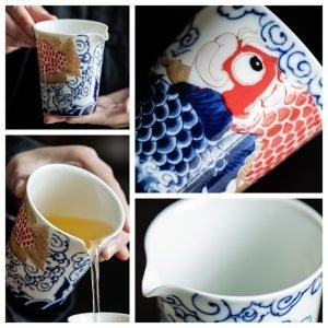 Chinese Traditional Dragon Fish And Lucky Clouds Pattern Porcelain Gongfu Tea Cha Hai For Sale