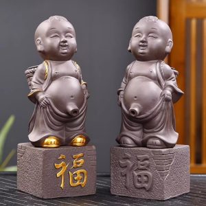 Chinese Zen Handmade Purple Clay Pee Pee Boy Tea Pet With Fu Character Base And Stainless Steel Infuser