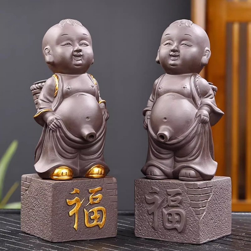 Chinese Zen Handmade Purple Clay Pee Pee Boy Tea Pet With Fu Character Base And Stainless Steel Infuser Chinese Zen Handmade Purple Clay Pee Pee Boy Tea Pet With Fu Character Base And Stainless Steel Infuser