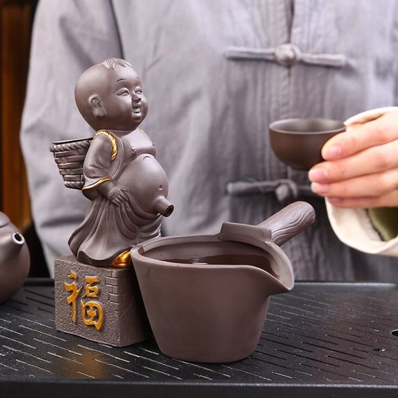 Chinese Zen Handmade Purple Clay Pee Pee Boy Tea Pet With Fu Character Base And Stainless Steel Infuser Chinese Zen Handmade Purple Clay Pee Pee Boy Tea Pet With Fu Character Base And Stainless Steel Infuser