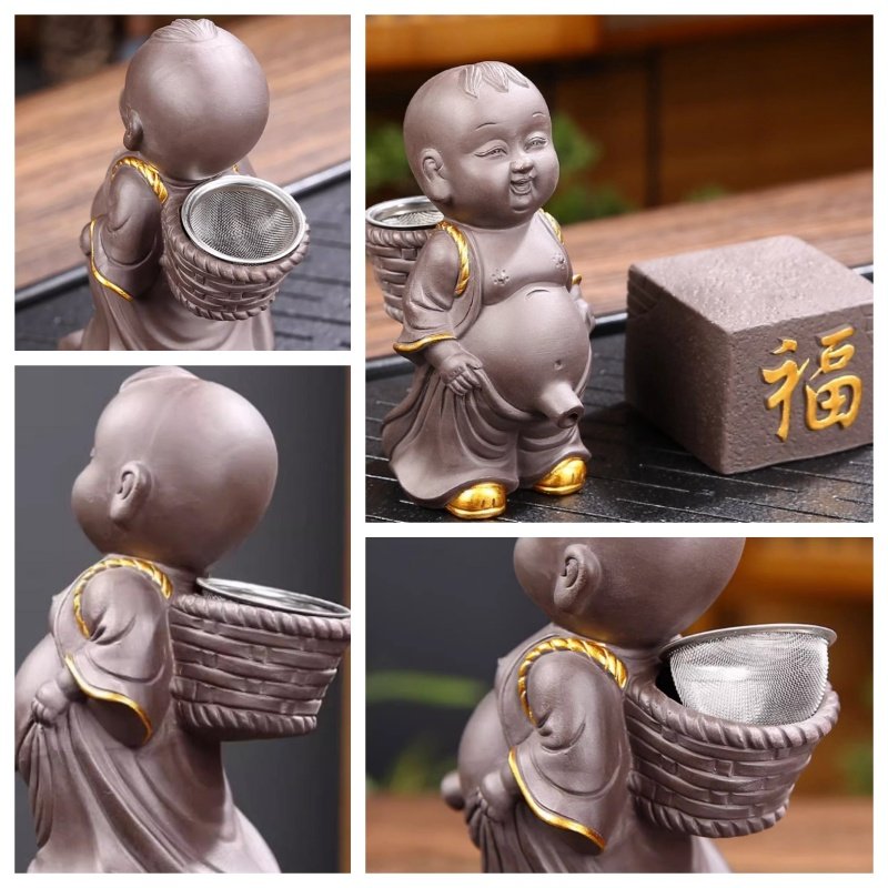 Chinese Zen Handmade Purple Clay Pee Pee Boy Tea Pet With Fu Character Base And Stainless Steel Infuser Chinese Zen Handmade Purple Clay Pee Pee Boy Tea Pet With Fu Character Base And Stainless Steel Infuser