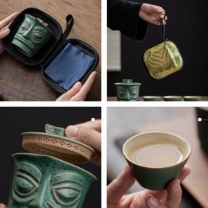 Creative Antique Sanxingdui Face Theme Ceramic Portable Travelling Tea Kit