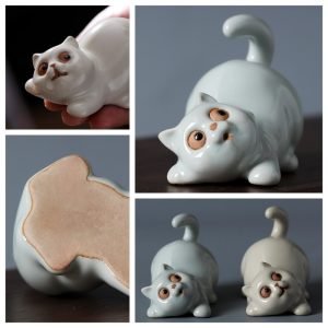 Creative Cyan And Beige Ru Spitting And Squirting Cute Cat Chinese Gongfu Tea Pet