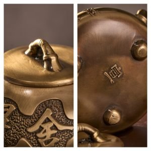 Creative Exquisite Carved Antique Characters Brushed Brass Tea Kettle For Sale
