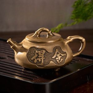 Creative Exquisite Carved Antique Characters Brushed Brass Tea Kettle For Sale
