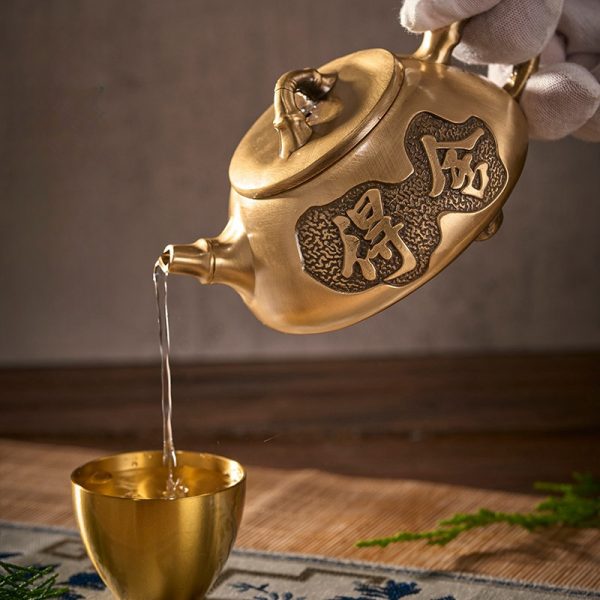 Creative Exquisite Carved Antique Characters Brushed Brass Tea Kettle For Sale