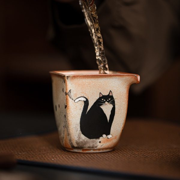 Creative Hand Painted Cute Shino Cat Ceramic Gilded In Silver Japanese Gongfu Fair Cup Gongfu Tea Accessories