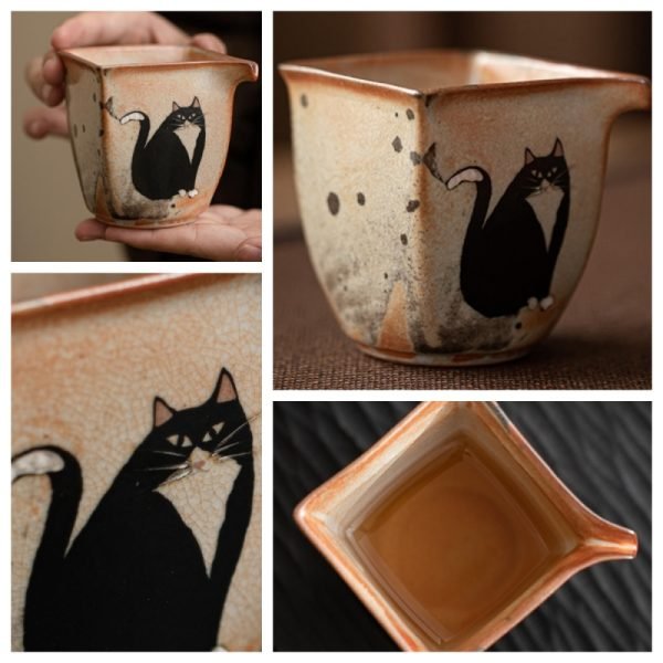 Creative Hand Painted Cute Shino Cat Ceramic Gilded In Silver Japanese Gongfu Fair Cup Gongfu Tea Accessories