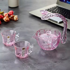 Creative Pink Crystal Heat Resistant Clear Milk And Flowering Tea Glasses Set For One