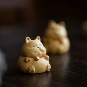Cute Chinese Gongfu Tea Pet Lucky Fortune Yellow Fat Cat With Golden Bell For Good Meanig