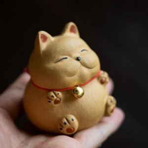 Cute Chinese Gongfu Tea Pet Lucky Fortune Yellow Fat Cat With Golden Bell For Good Meanig