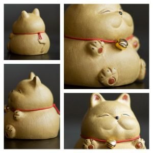 Cute Chinese Gongfu Tea Pet Lucky Fortune Yellow Fat Cat With Golden Bell For Good Meanig