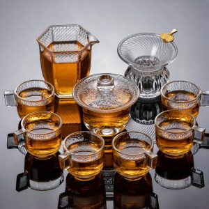 Dazzle And Hammered Pattern Heat Resistant Transparent Clear Glass Tea Sets For Adults