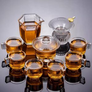Dazzle And Hammered Pattern Heat Resistant Transparent Clear Glass Tea Sets For Adults