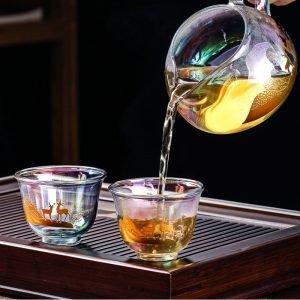 Deer Pattern Rainbow Reflections Luxurious Iridescent Tea Ceremony Set Glass