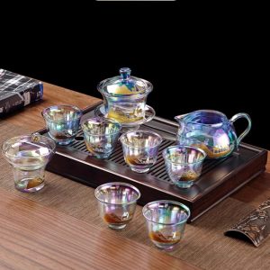Deer Pattern Rainbow Reflections Luxurious Iridescent Tea Ceremony Set Glass