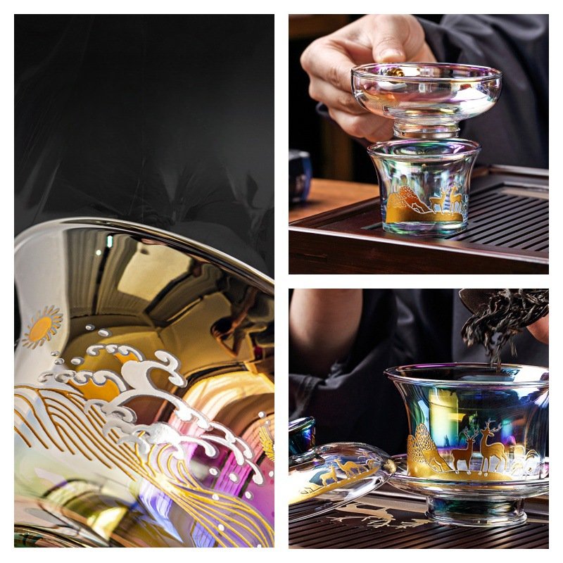 Deer Pattern Rainbow Reflections Luxurious Iridescent Tea Ceremony Set Glass Deer Pattern Rainbow Reflections Luxurious Iridescent Tea Ceremony Set Glass