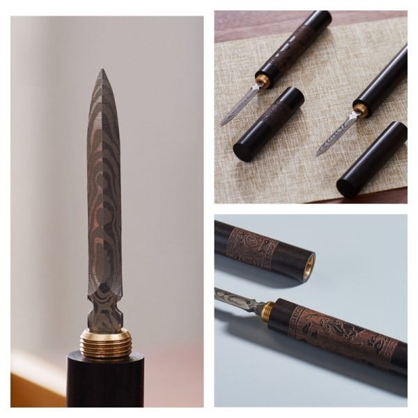 Dragon And Horse Pattern Traditional Blackwood And Damascus Steel Tea Ceremony Knife