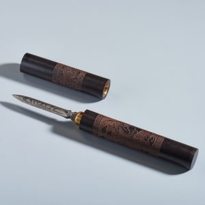 Dragon And Horse Pattern Traditional Blackwood And Damascus Steel Tea Ceremony Knife