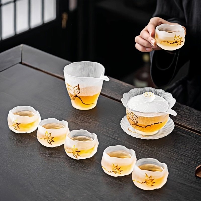 Elegant Antique Golden Lotus Heat Resistant Thick Frosted Glass Tea Set For Sale Elegant Antique Golden Lotus Heat Resistant Thick Frosted Glass Tea Set For Sale