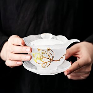 Elegant Antique Golden Lotus Heat Resistant Thick Frosted Glass Tea Set For Sale