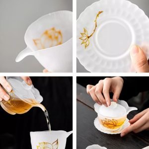 Elegant Antique Golden Lotus Heat Resistant Thick Frosted Glass Tea Set For Sale