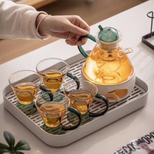 Elegant Green Handle Borosilicate Clear Crystal Glass Tea Set For Adults