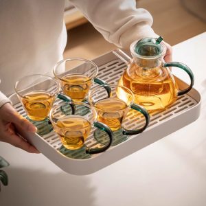 Elegant Green Handle Borosilicate Clear Crystal Glass Tea Set For Adults