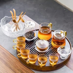 Elegant Hammered Vertical Stripes Transparent Tea Ceremony Set Glass For Sale