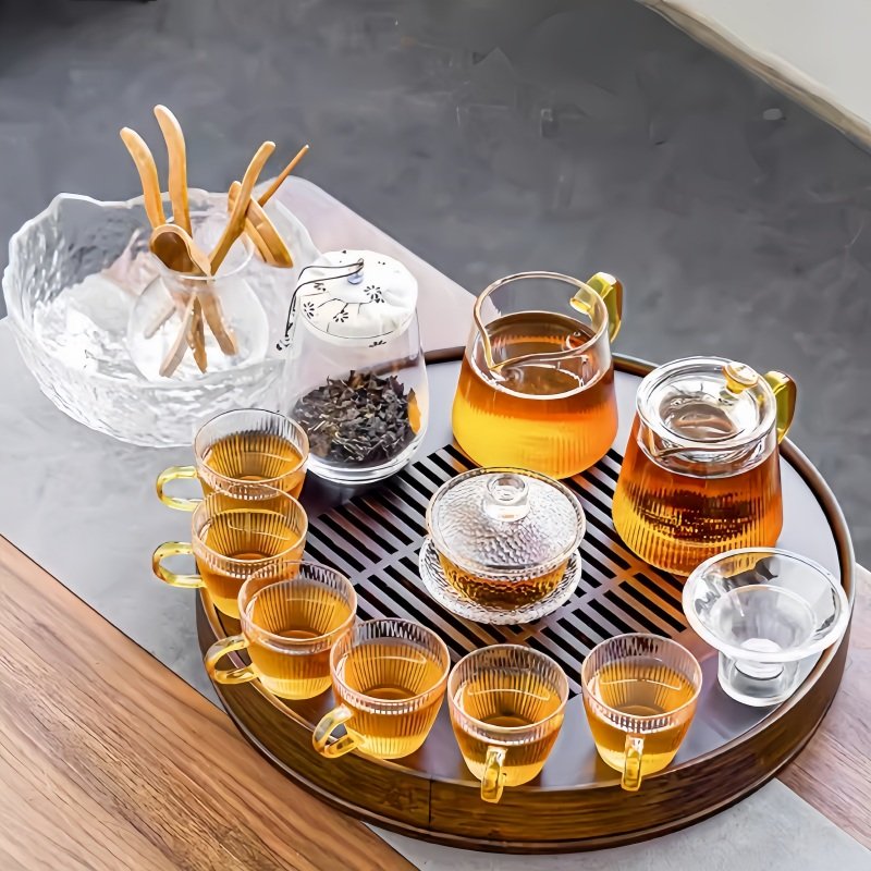 Elegant Hammered Vertical Stripes Transparent Tea Ceremony Set Glass For Sale Elegant Hammered Vertical Stripes Transparent Tea Ceremony Set Glass For Sale