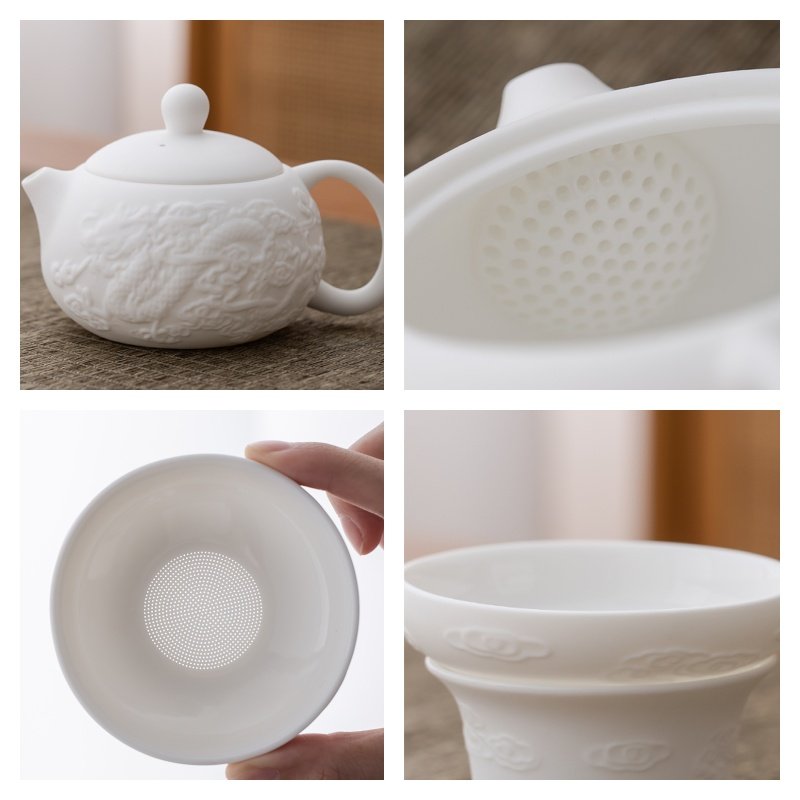 Embossed Dragon Mutton Fat Jade White Porcelain Chinese Antique Tea Set Embossed Dragon Mutton Fat Jade White Porcelain Chinese Antique Tea Set