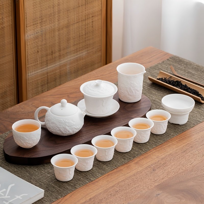Embossed Dragon Mutton Fat Jade White Porcelain Chinese Antique Tea Set Embossed Dragon Mutton Fat Jade White Porcelain Chinese Antique Tea Set