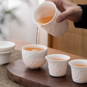 Embossed Dragon Mutton Fat Jade White Porcelain Chinese Antique Tea Set