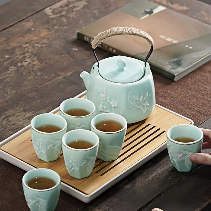 Embossed Plum Authentic Japanese Traditional Porcelain Tea Set Antique Embossed Plum Authentic Japanese Traditional Porcelain Tea Set Antique