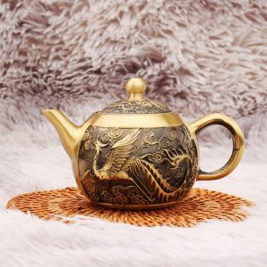 Exquisite Embossed Flying Phoenix Vintage Brass Teapot For Sale