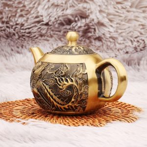 Exquisite Embossed Flying Phoenix Vintage Brass Teapot For Sale