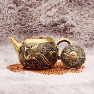 Exquisite Embossed Flying Phoenix Vintage Brass Teapot For Sale