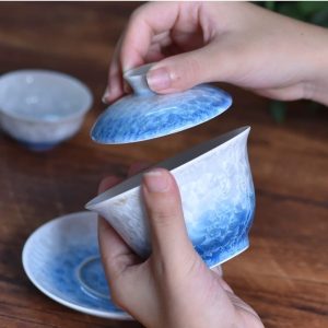 6.41fl Oz/190ml Crystalline Glaze Blue And White Gradient Porcelain Gaiwan