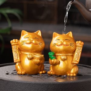 Gold And Green Color Changing Lucky Fortune Cute Cat Resin Tea Pet Decoration