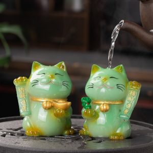 Gold And Green Color Changing Lucky Fortune Cute Cat Resin Tea Pet Decoration