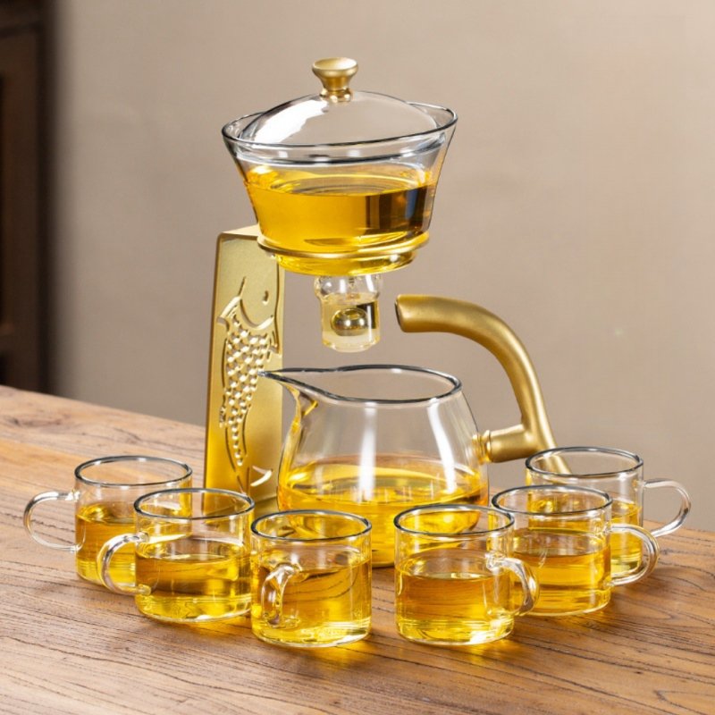 Golden Fish Theme Alloy And Glass Lazy Semi-automatic Tea Set For Sale Golden Fish Theme Alloy And Glass Lazy Semi-automatic Tea Set For Sale