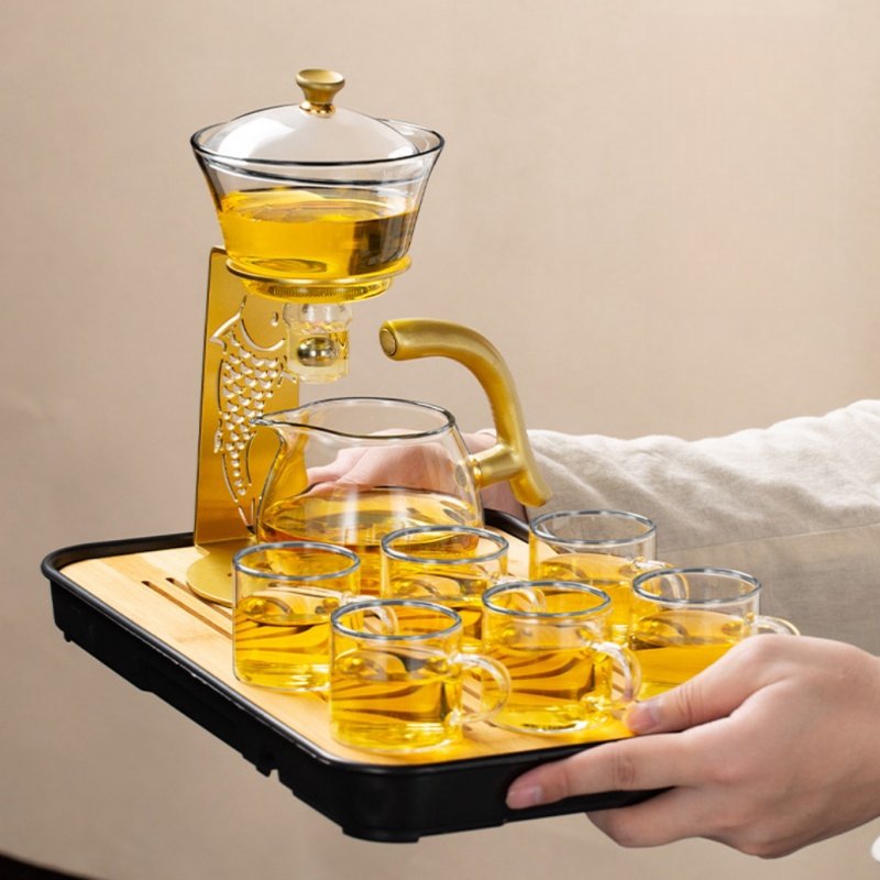 Golden Fish Theme Alloy And Glass Lazy Semi-automatic Tea Set For Sale Golden Fish Theme Alloy And Glass Lazy Semi-automatic Tea Set For Sale
