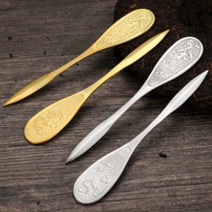 Golden And Silver Chinese Antique Dragon Phoenix Stainless Steel Tea Ceremony Knives