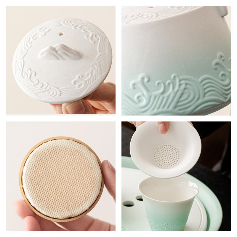 Green And White Gradient Sea Wave Theme Ceramic Valuable Ceremonial Japanese Tea Sets Antique Green And White Gradient Sea Wave Theme Ceramic Valuable Ceremonial Japanese Tea Sets Antique